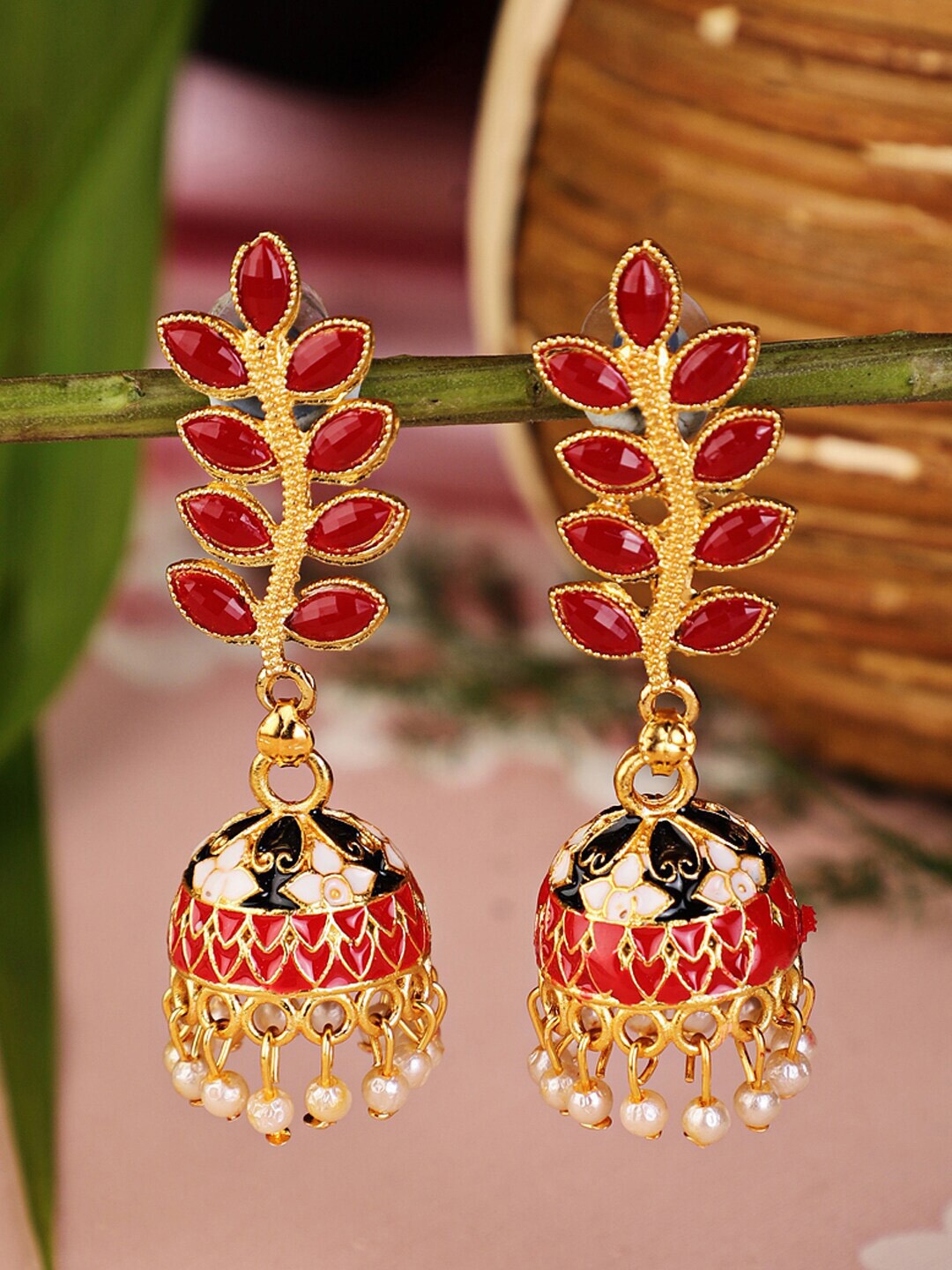 

Shining Diva Gold-Plated & Red Dome Shaped Jhumkas