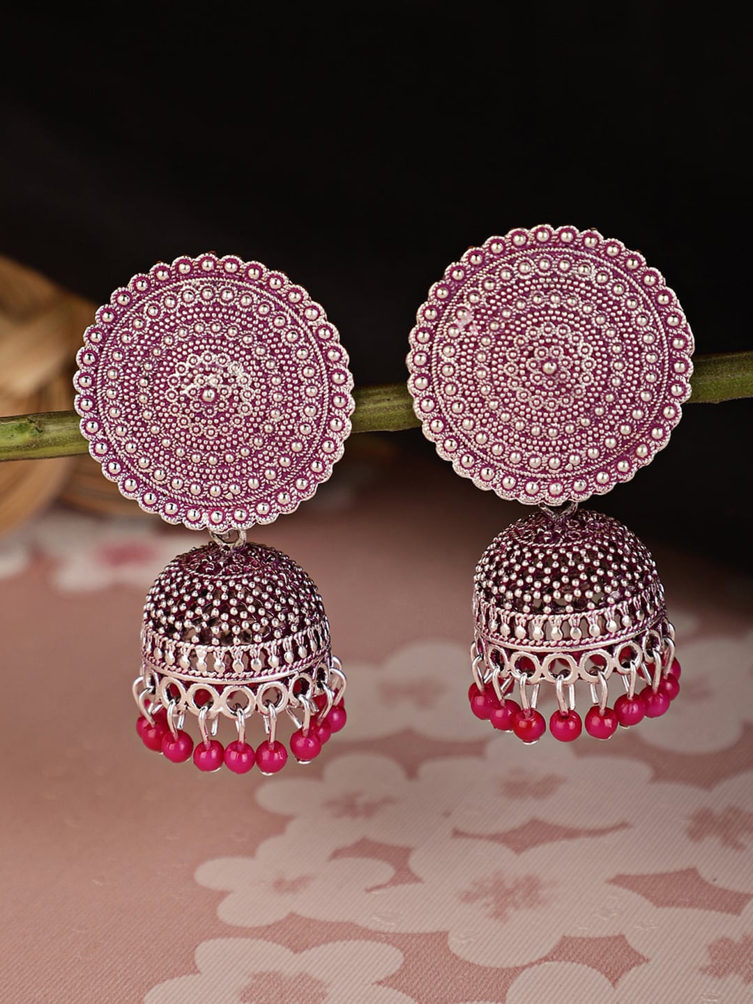 

Shining Diva Women Pink & Silver-Toned Oxidized Contemporary Jhumkas Earrings