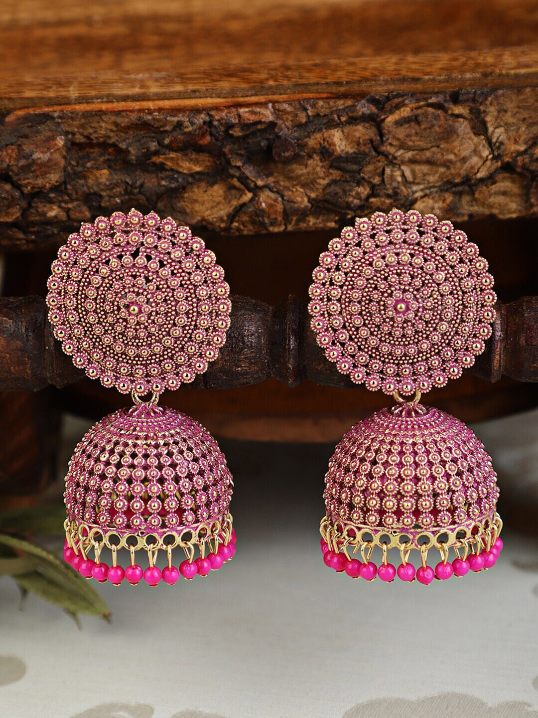 

Shining Diva Women Pink & Gold-Plated Antique Jhumkas Earrings