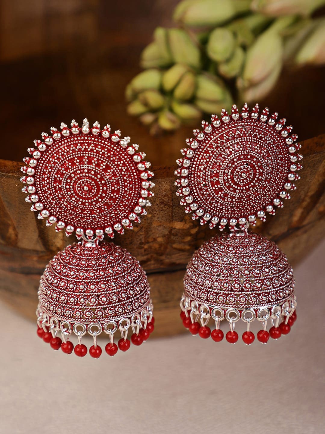 

Shining Diva Red & Silver-Toned Dome Shaped Jhumkas Earrings