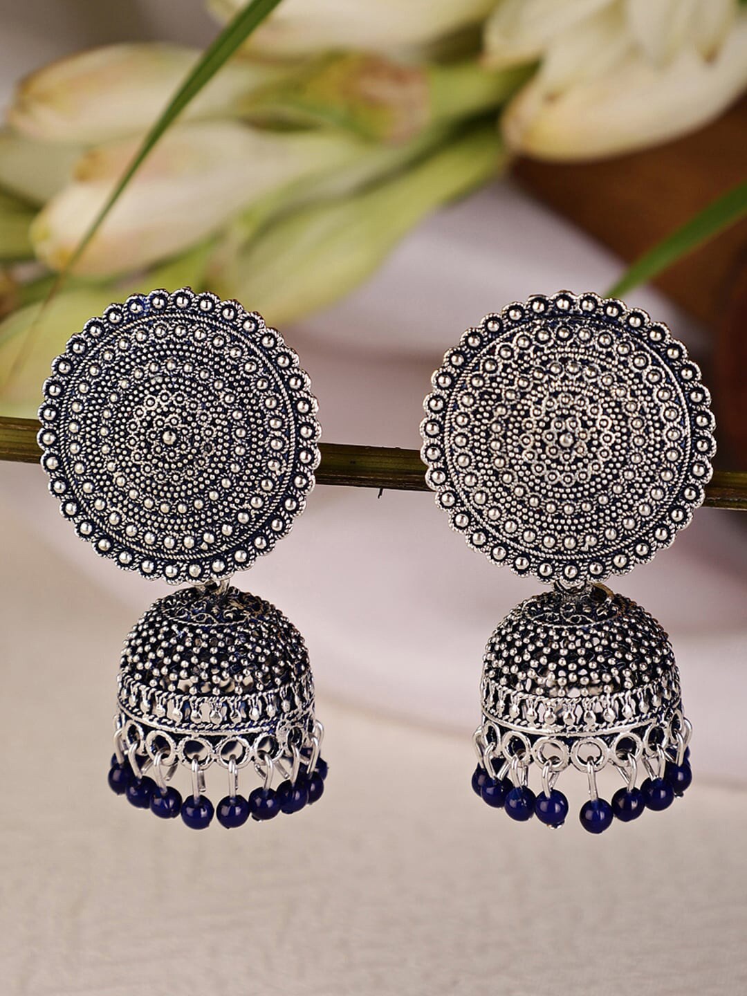 

Shining Diva Blue & Silver-Toned Jhumkas Earrings