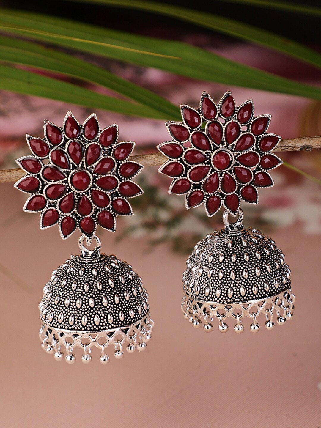 

Shining Diva Maroon & Silver-Plated Floral Jhumkas Earrings