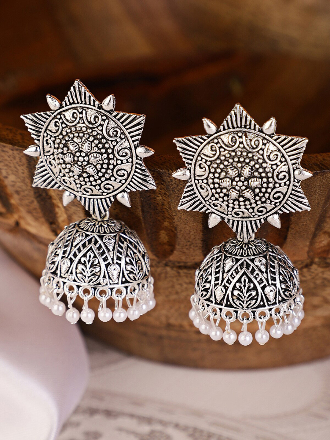 

Shining Diva Silver-Plated Contemporary Jhumkas Earrings