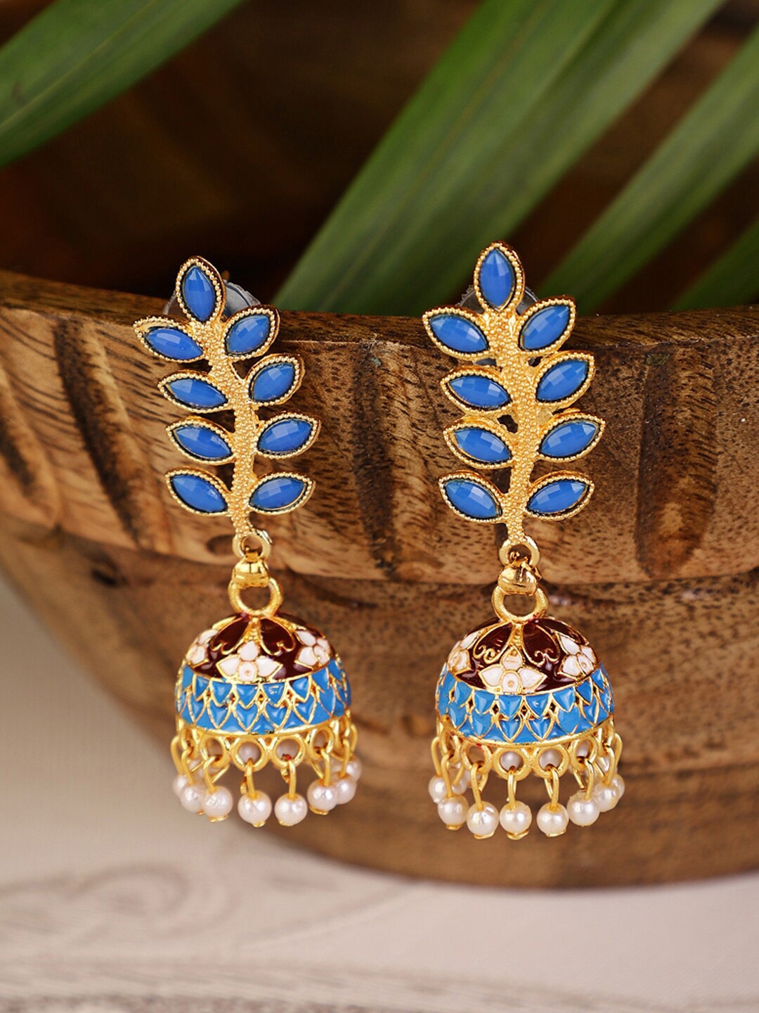 

Shining Diva Gold-Toned & Blue Contemporary Jhumkas Earrings