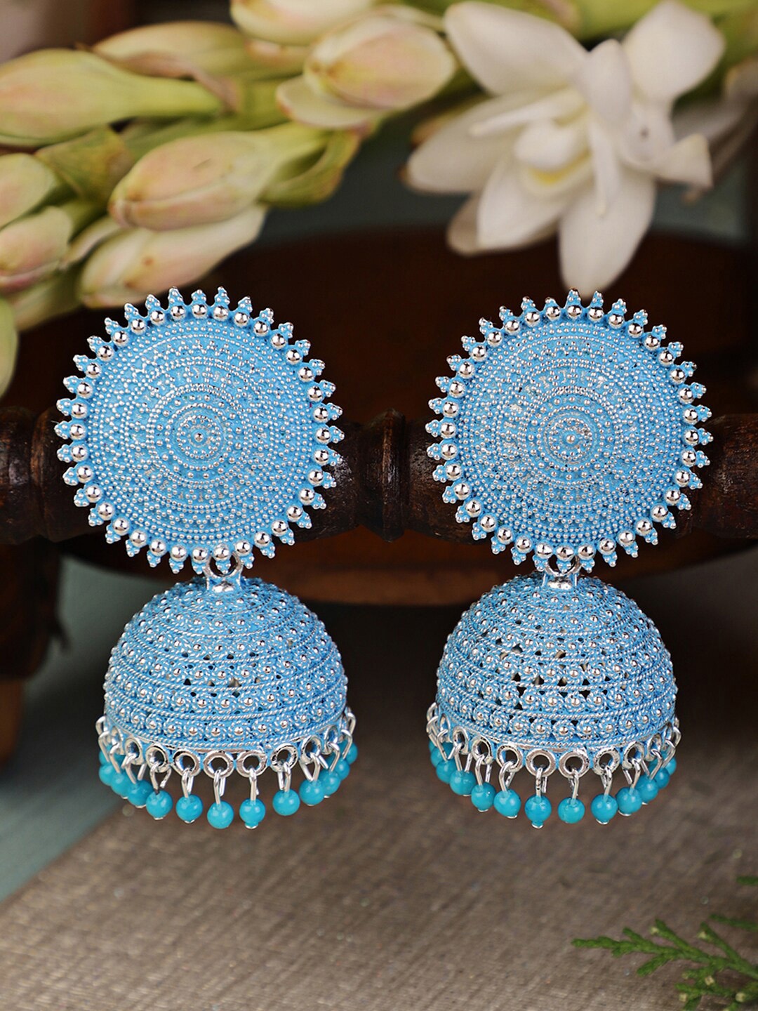 

Shining Diva Women Blue Stones Studded Oxidized Contemporary Jhumkas