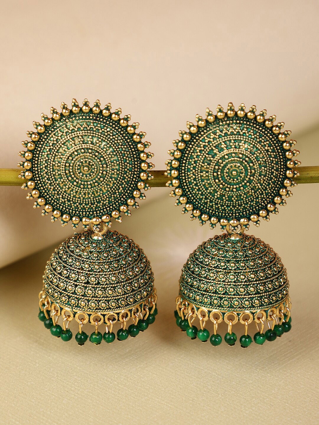 

Shining Diva Gold-Toned & Green Contemporary Jhumkas Earrings