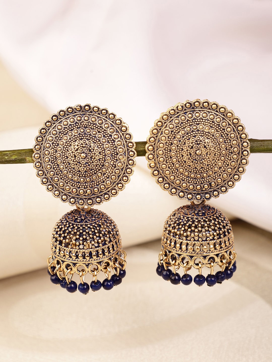 

Shining Diva Navy Blue & Gold-Toned Contemporary Jhumkas Earrings