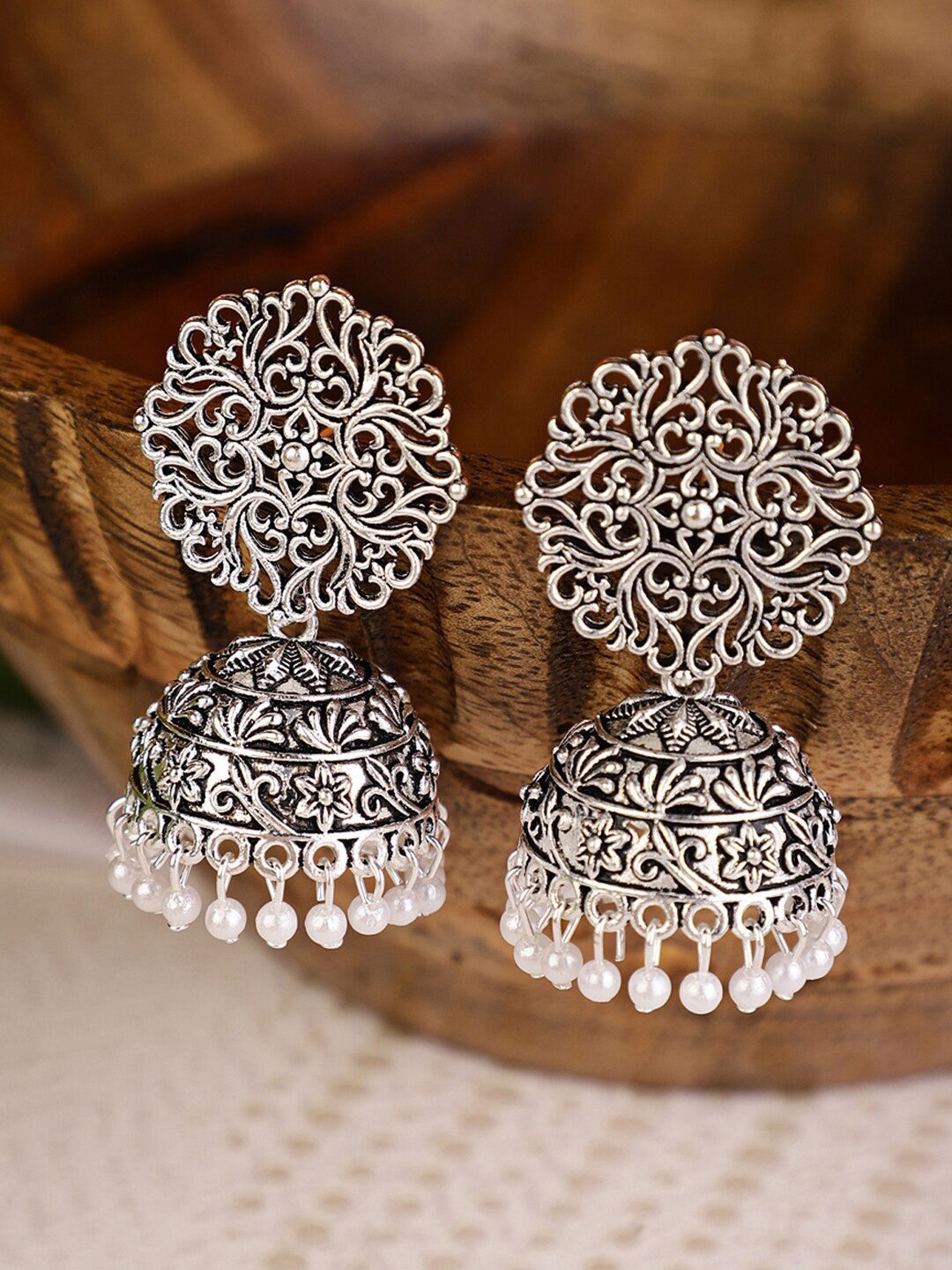 

Shining Diva Silver-Toned & White Contemporary Jhumkas Earrings