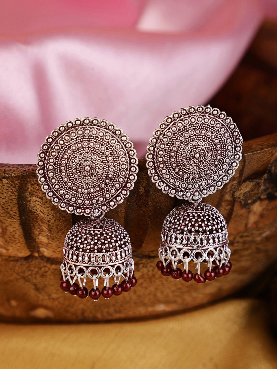 

Shining Diva Maroon & Silver-Plated Contemporary Jhumkas Earrings