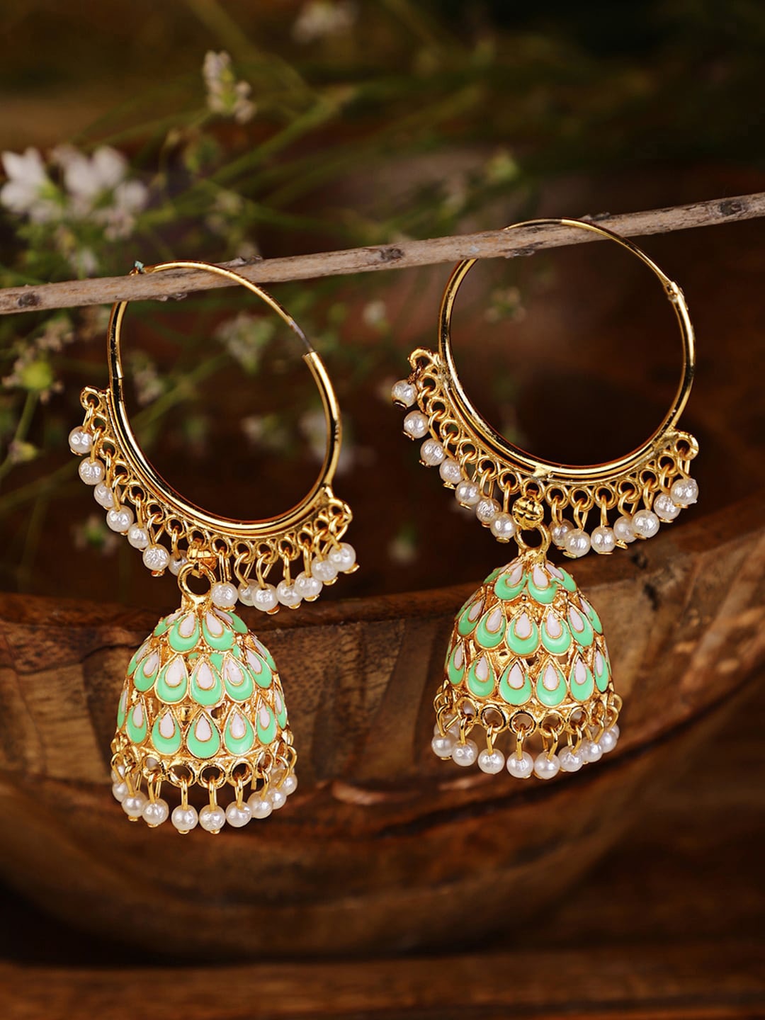 

Shining Diva Women Green & Gold-Toned White Pearls Contemporary Jhumkas Earrings