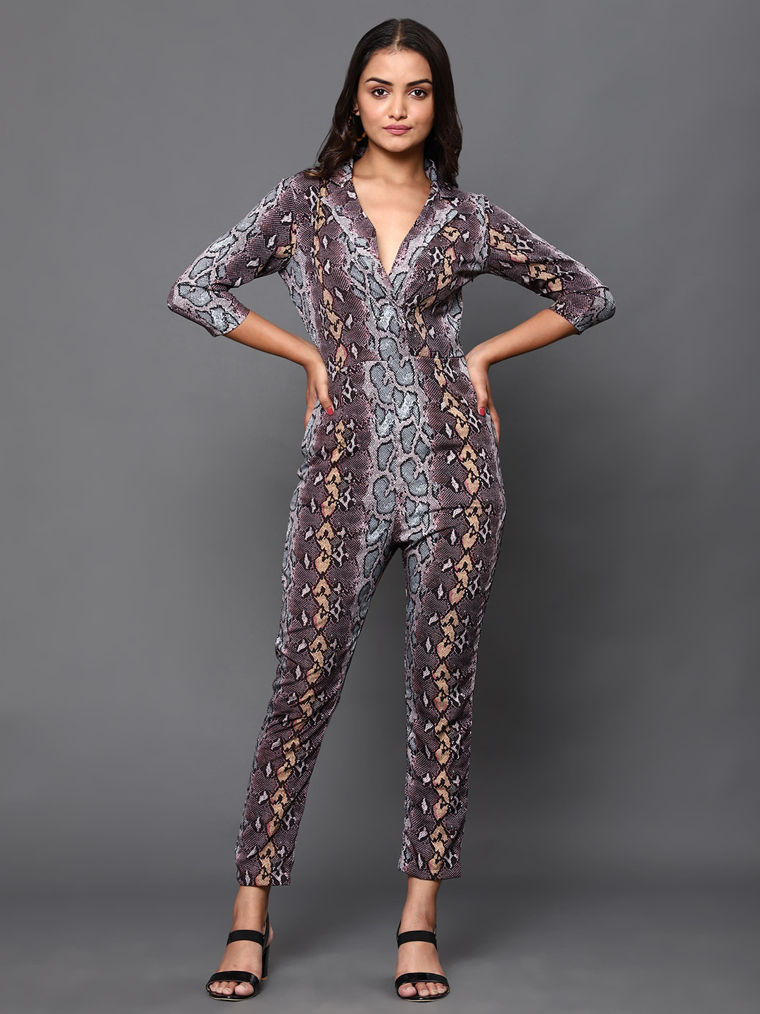 

KHUMAAR Shuchi Bhutani Grey Snake Printed Basic Jumpsuit