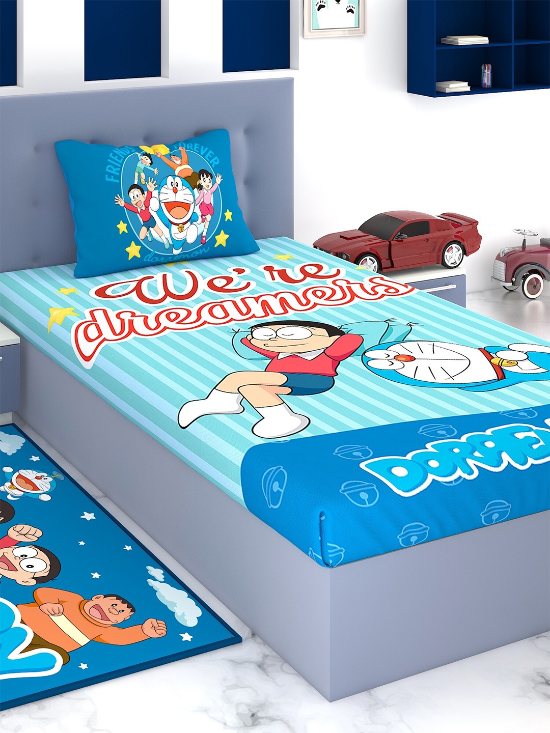 

Athom Trendz Blue & Red Cartoon Characters 180 TC Single Bedsheet With 1 Pillow Covers