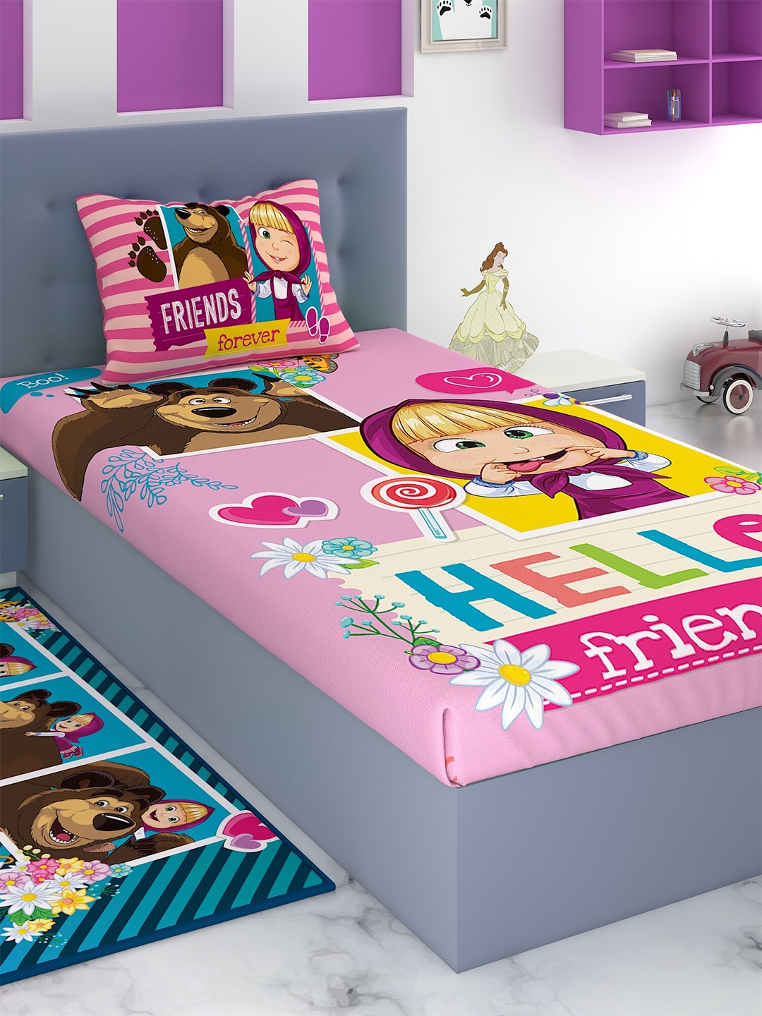 

Athom Trendz Pink & Yellow Cartoon Printed 180 TC Single Bedsheet With 1 Pillow Covers