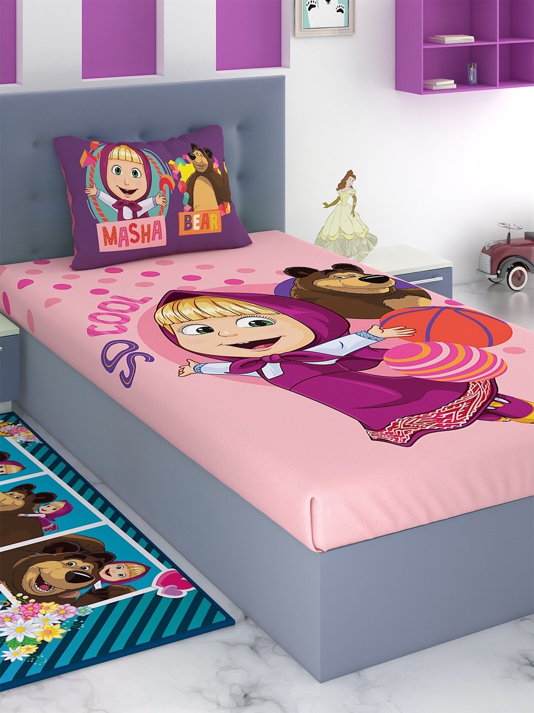 

Athom Trendz Pink & Purple Cartoon Characters 180 TC Single Bedsheet with 1 Pillow Covers