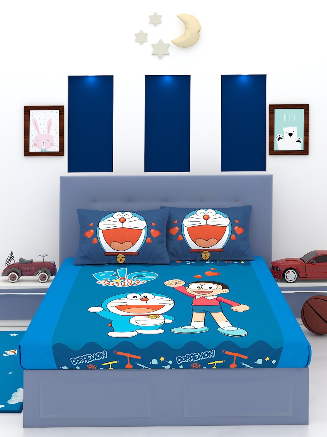

Athom Trendz Blue & White Doremon 180 TC King Pure Cotton Bedsheet with 2 Pillow Covers
