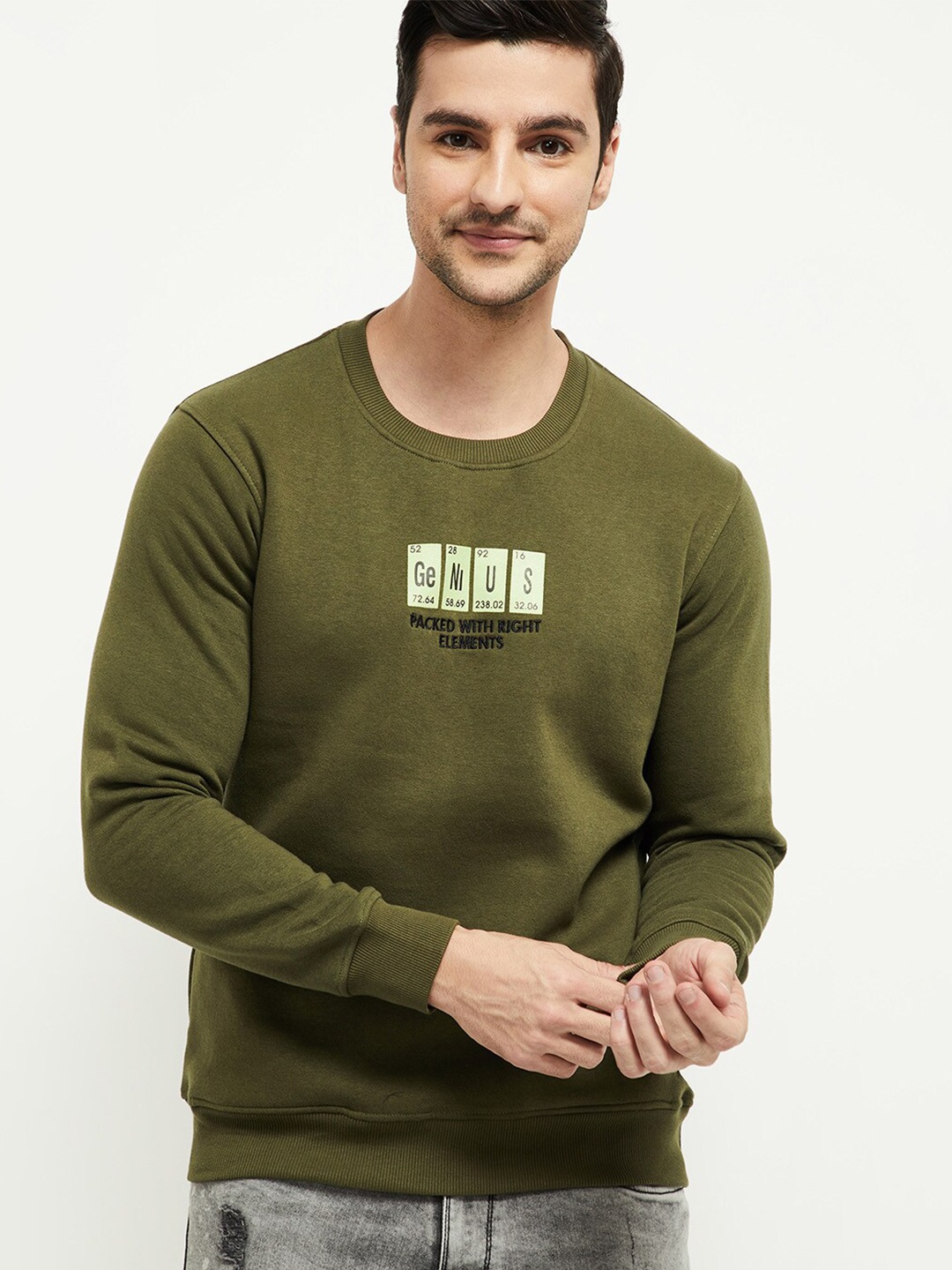 

max Men Olive Green Graphic Printed Sweatshirt
