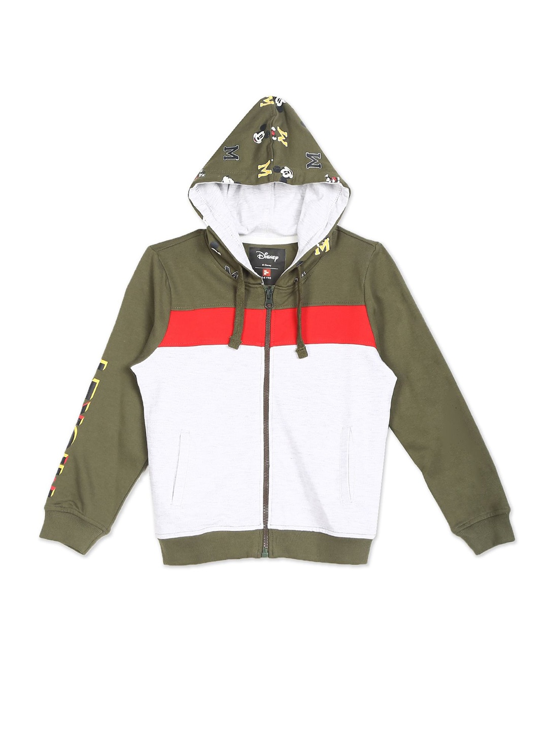 

Colt Boys Olive Green & White Colourblocked Mickey Mouse Hooded Sweatshirt