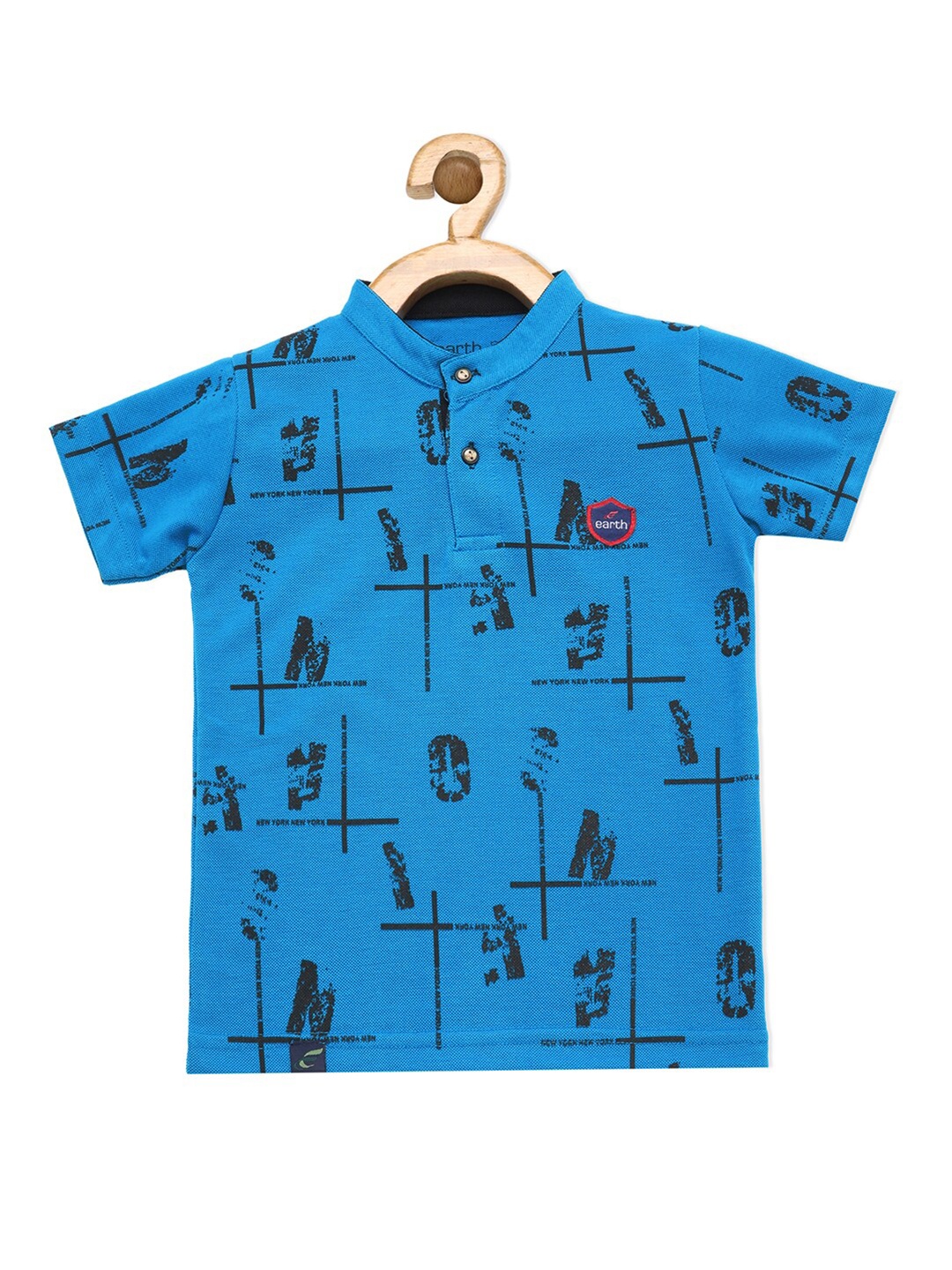 

earth conscious Boys Blue & Black Printed Mandarin Collar Pure Cotton T-shirt