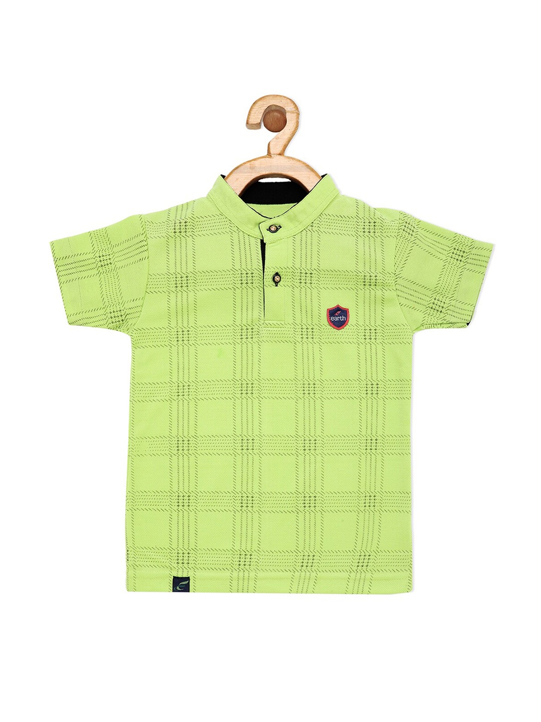 

earth conscious Boys Green Checked Mandarin Collar T-shirt