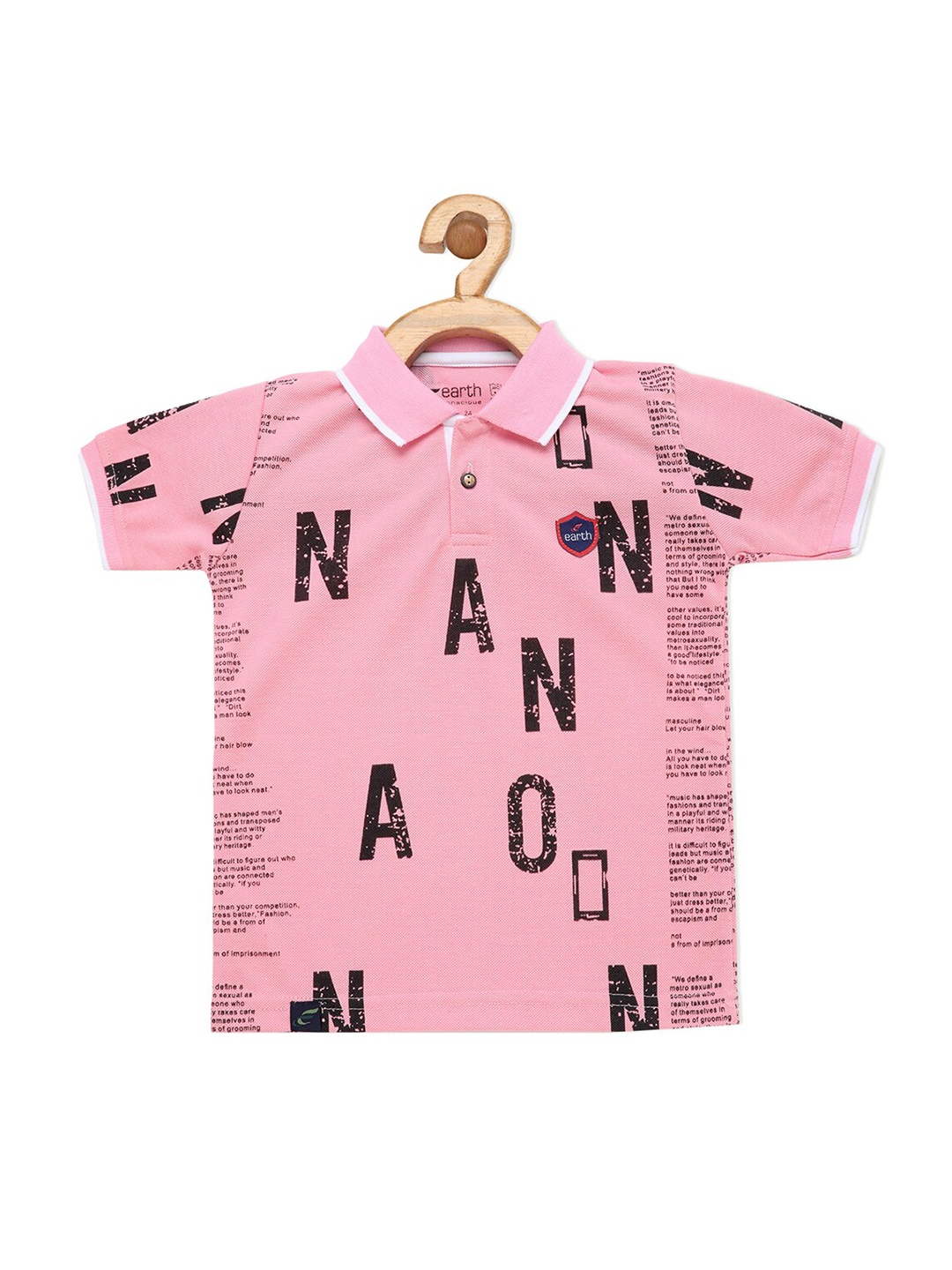 

earth conscious Boys Pink & Black Typography Printed Polo Collar Pure Cotton Applique T-shirt