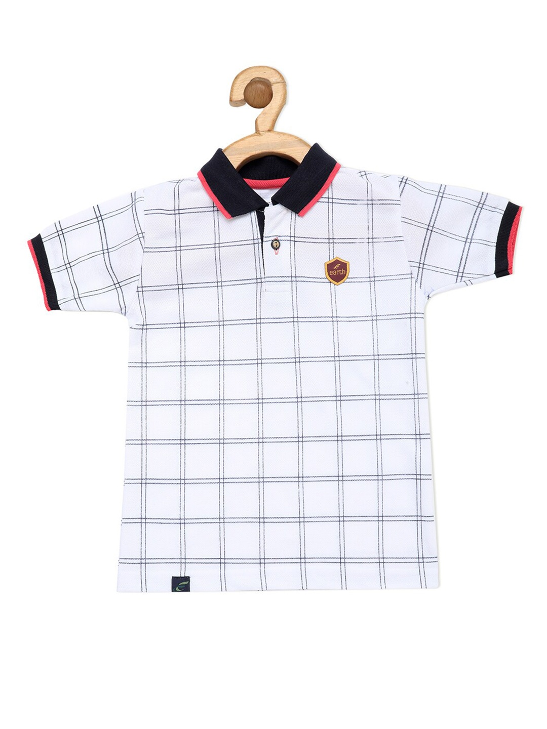 

earth conscious Boys White Checked Polo Collar Applique T-shirt