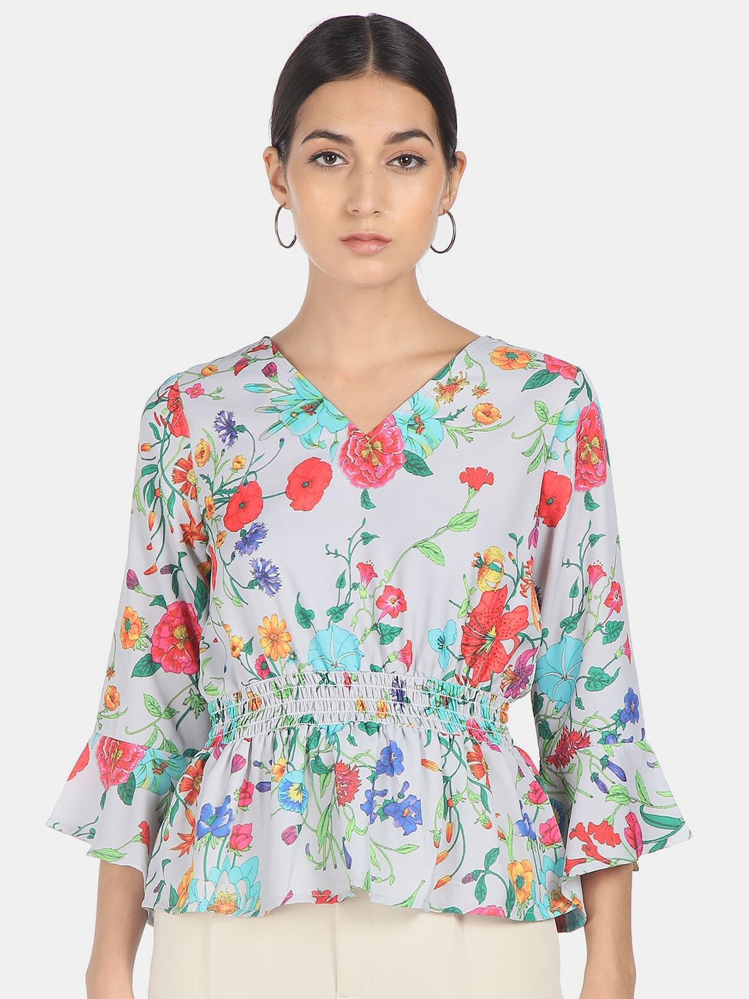 

SHFFL Grey Floral Printed Cinched Waist Top