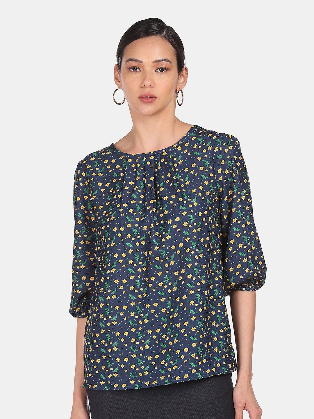 

SHFFL Blue & Yellow Floral Print Tie-Up Neck Top