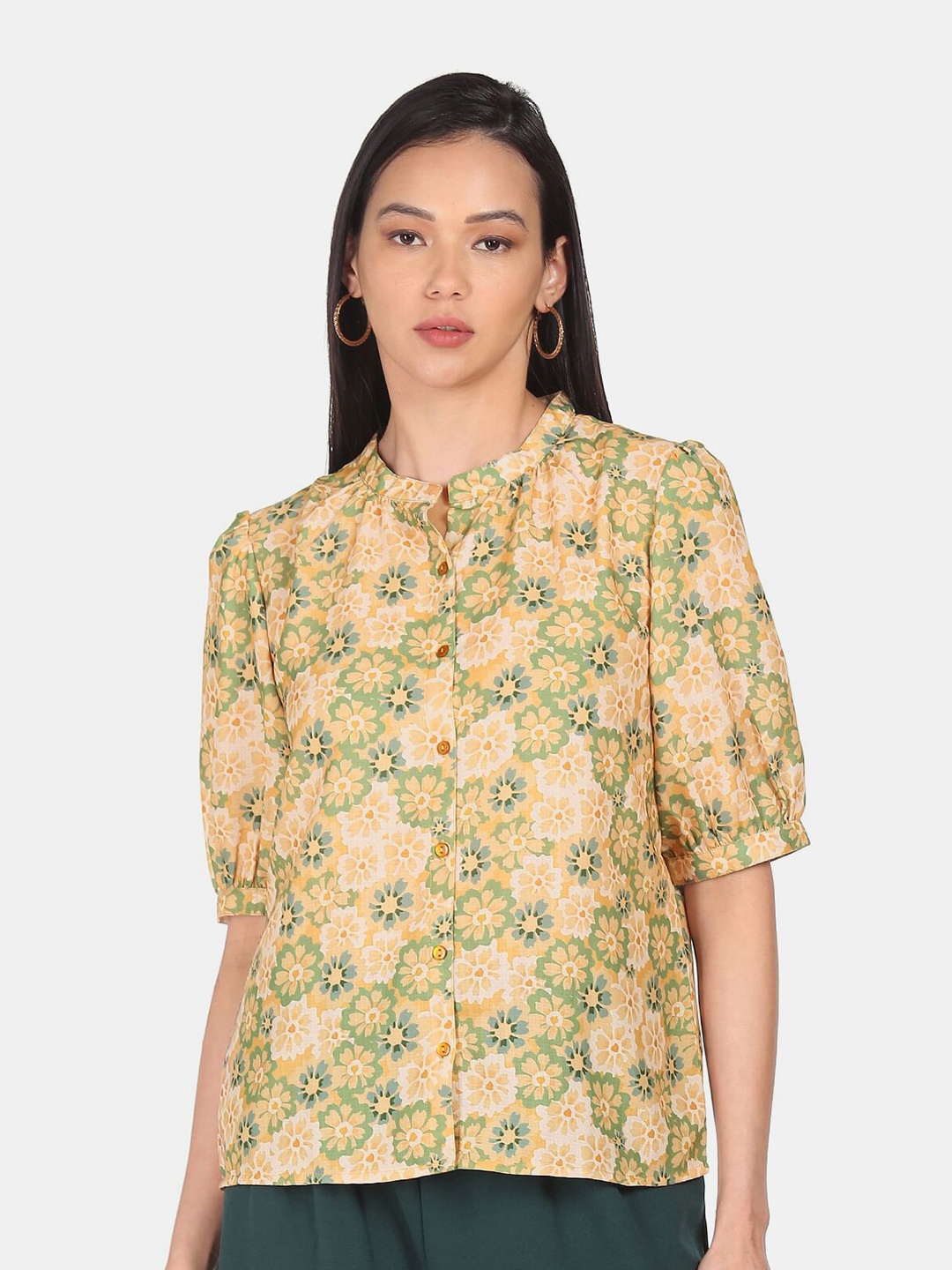 

SHFFL Yellow & Green Floral Print Mandarin Collar Shirt Style Top