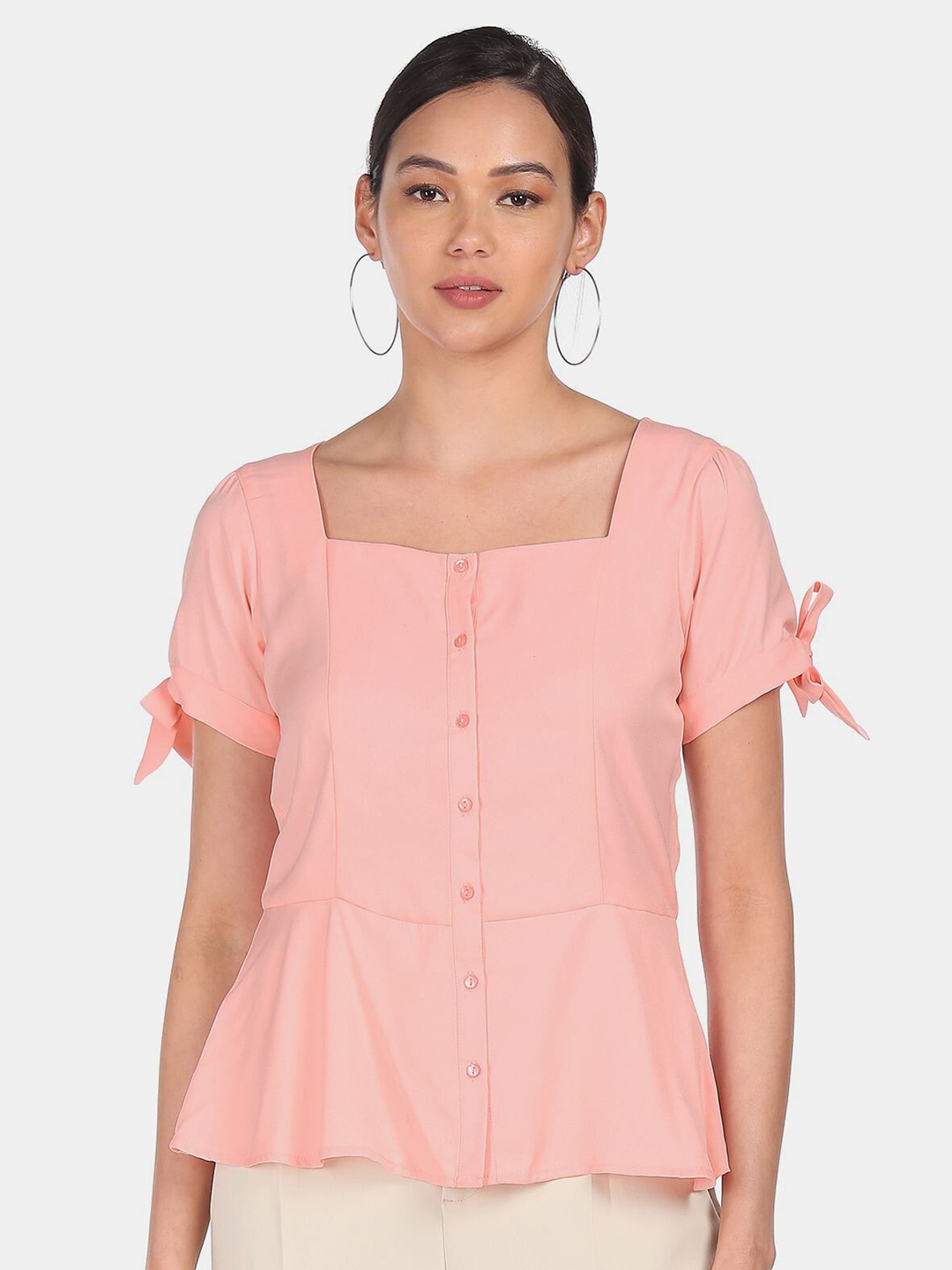 

SHFFL Women Peach Solid Square Neck Top