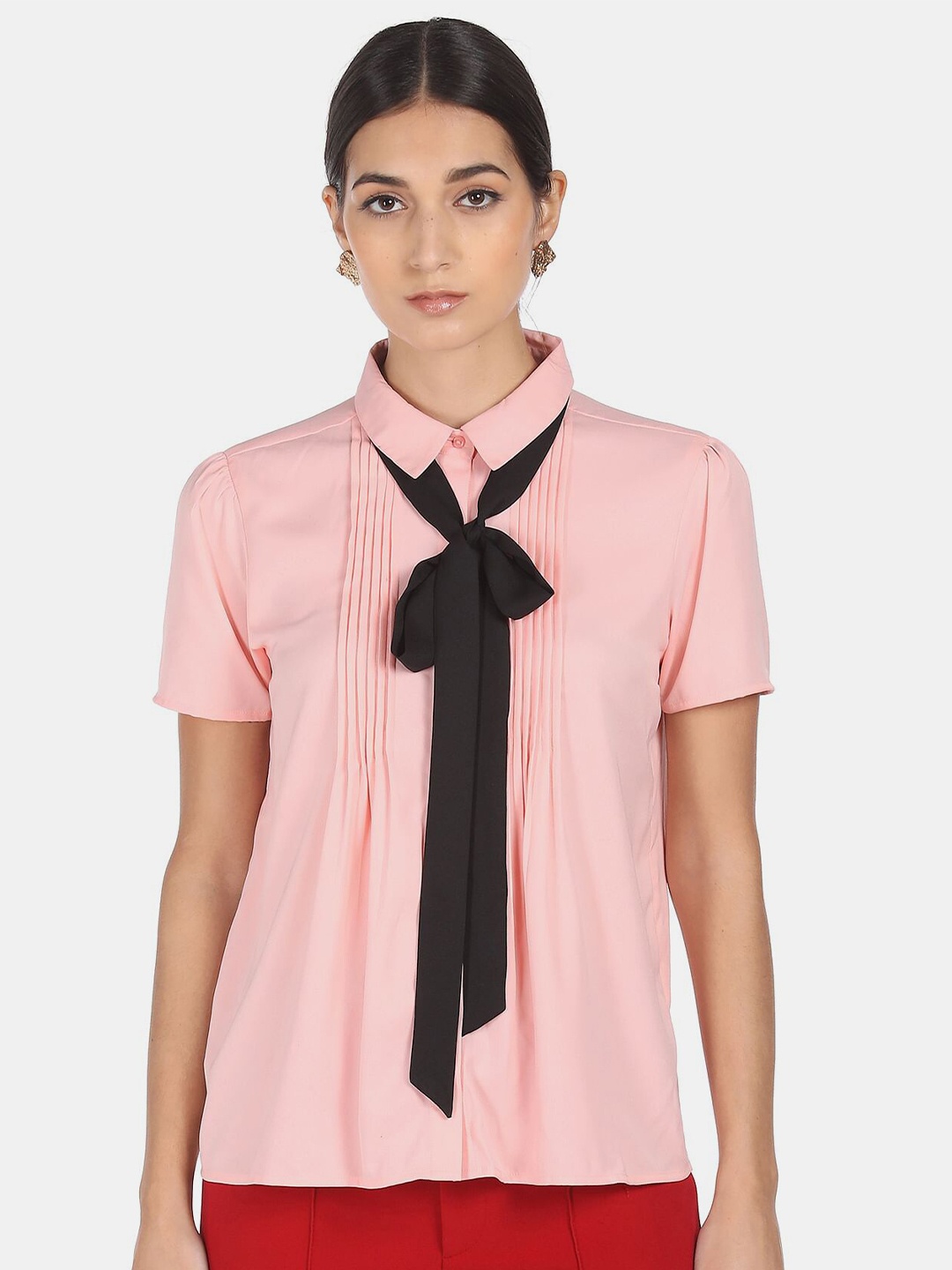 

SHFFL Women Pink & Black Bow Neck Shirt Style Top