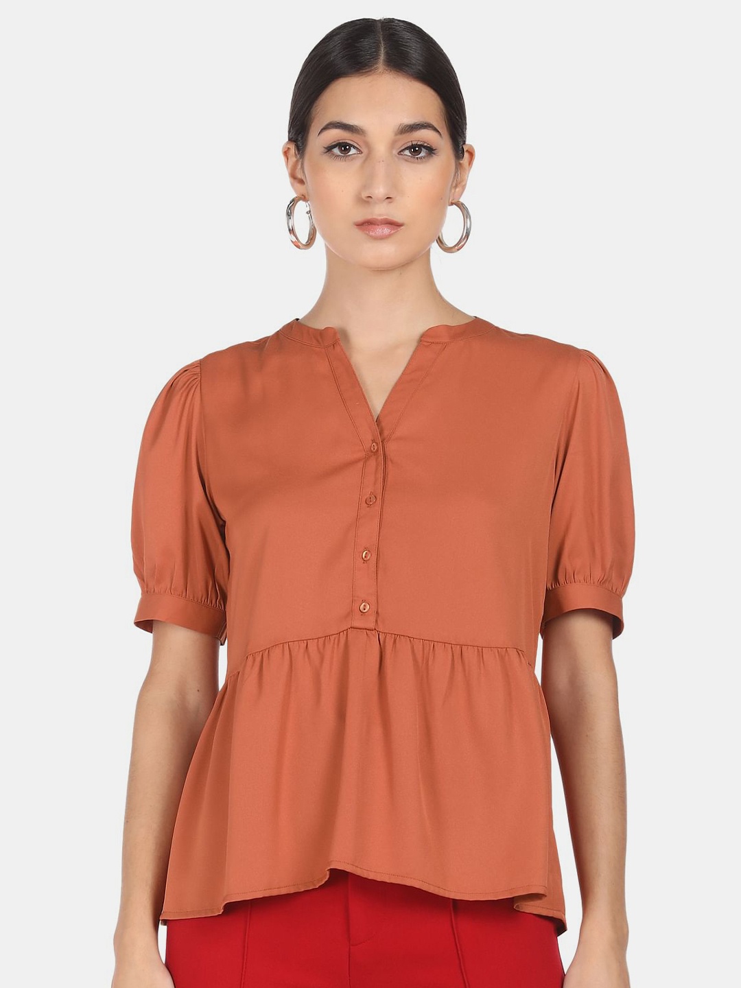 

SHFFL Rust Mandarin Collar Peplum Top