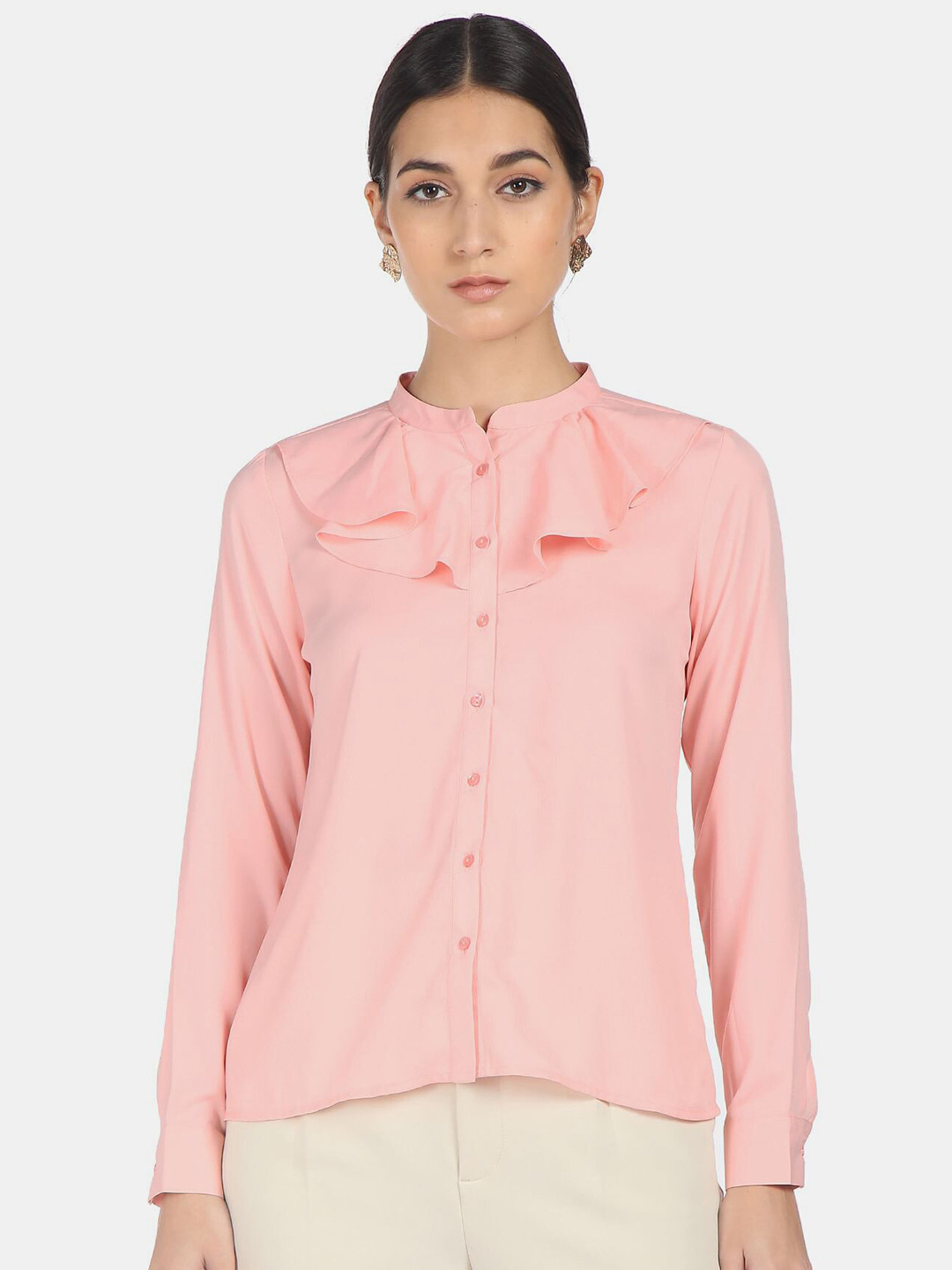 

SHFFL Pink Solid Mandarin Collar Shirt Style Top