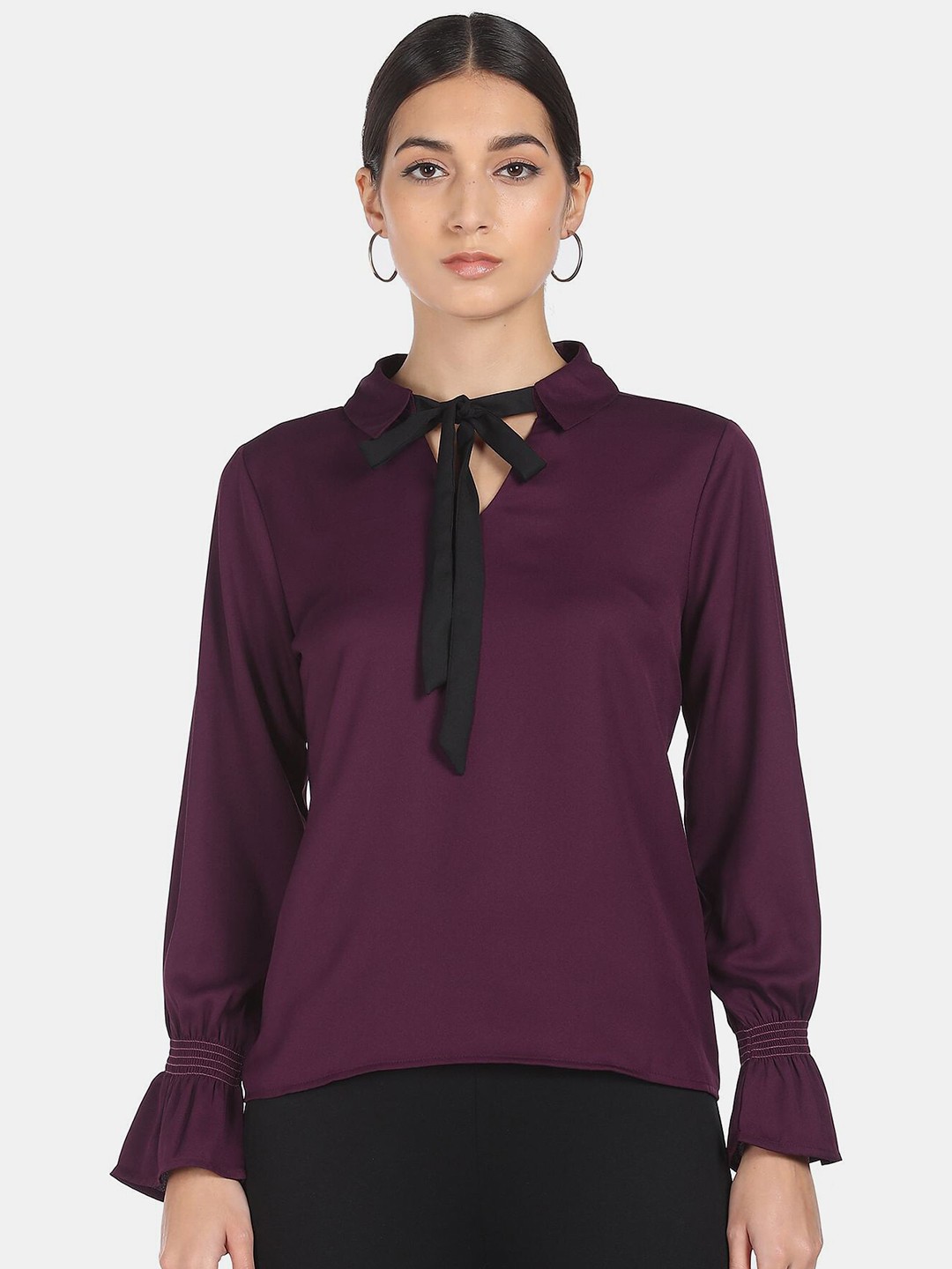 

SHFFL Women Purple Tie-Up Neck Top