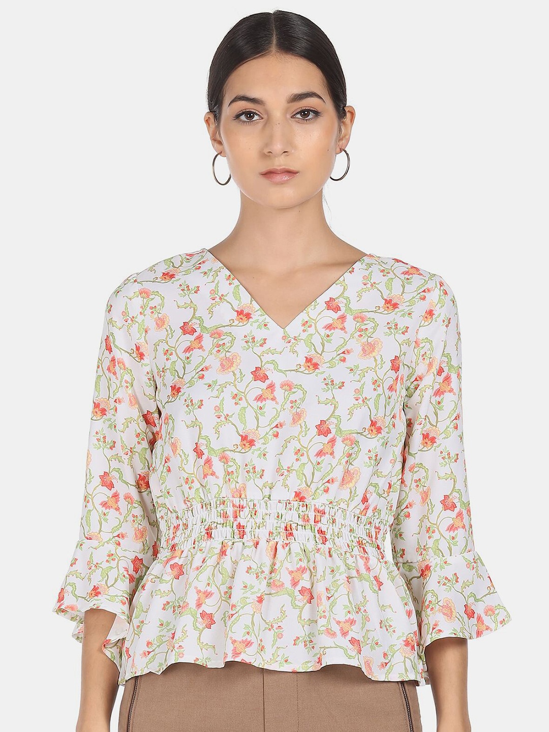 

SHFFL White Floral Printed Cinched Waist Top