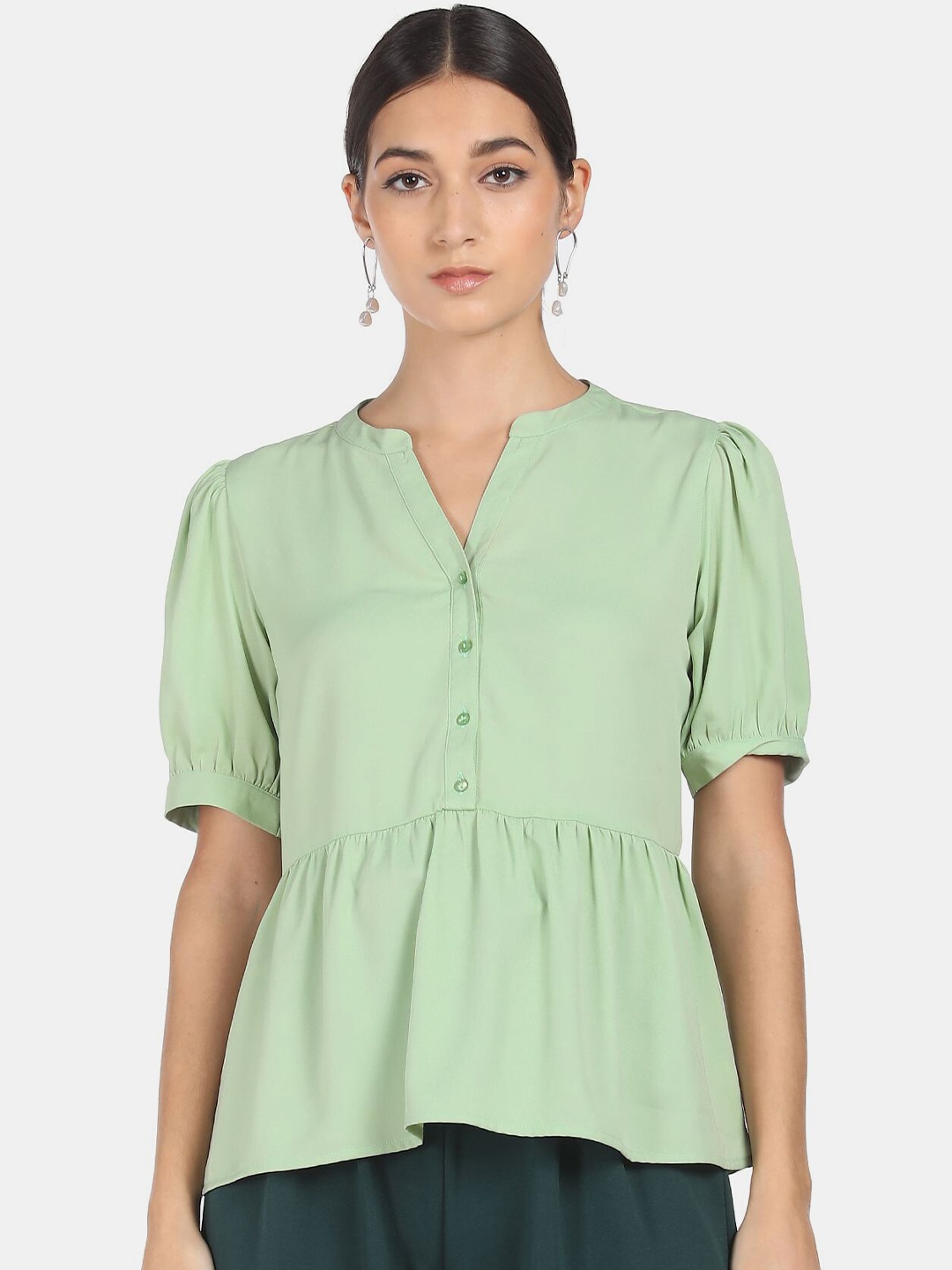 

SHFFL Sea Green Mandarin Collar Peplum Top