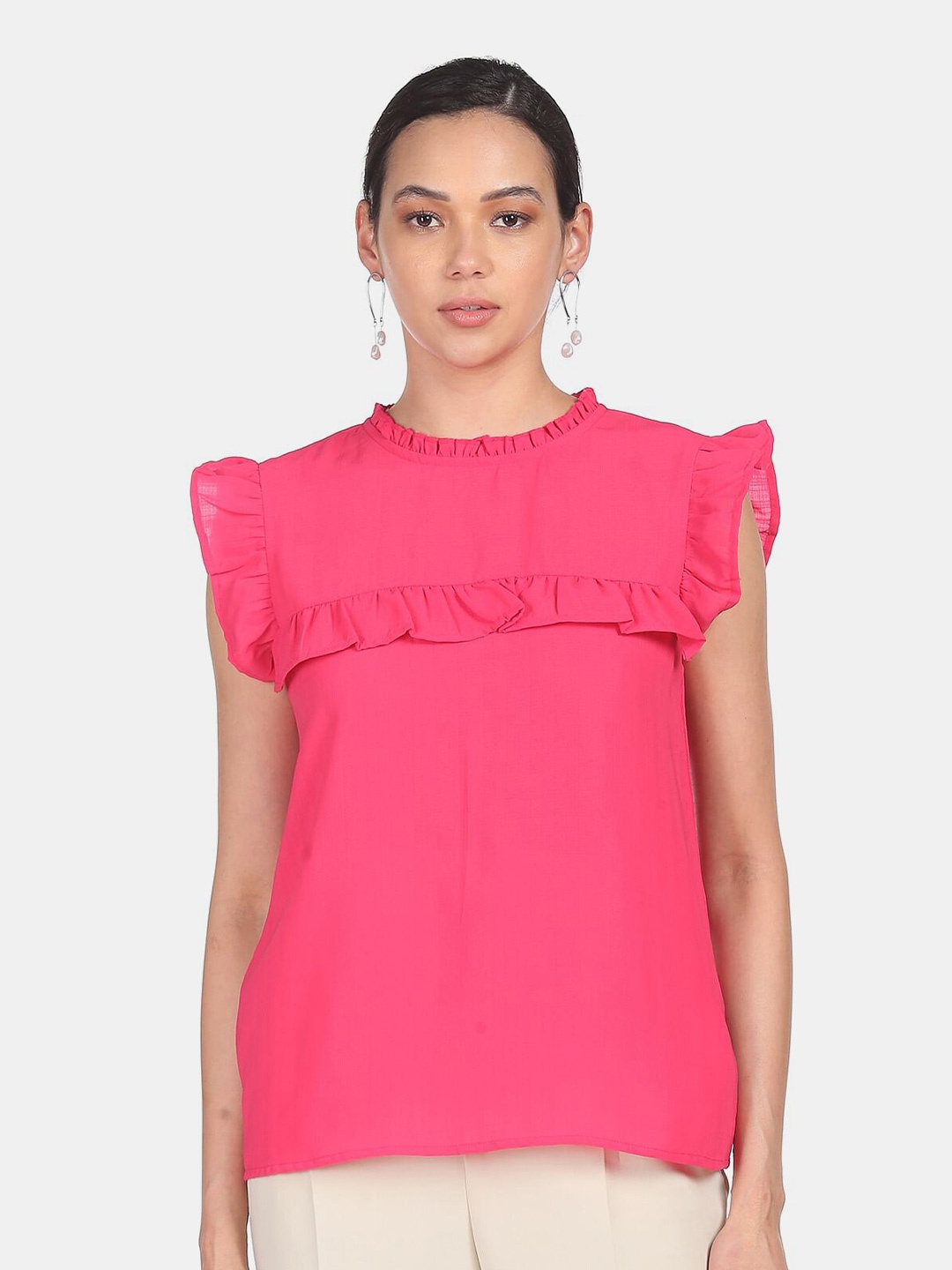 

SHFFL Pink Solid Ruffle Trim Woven Top