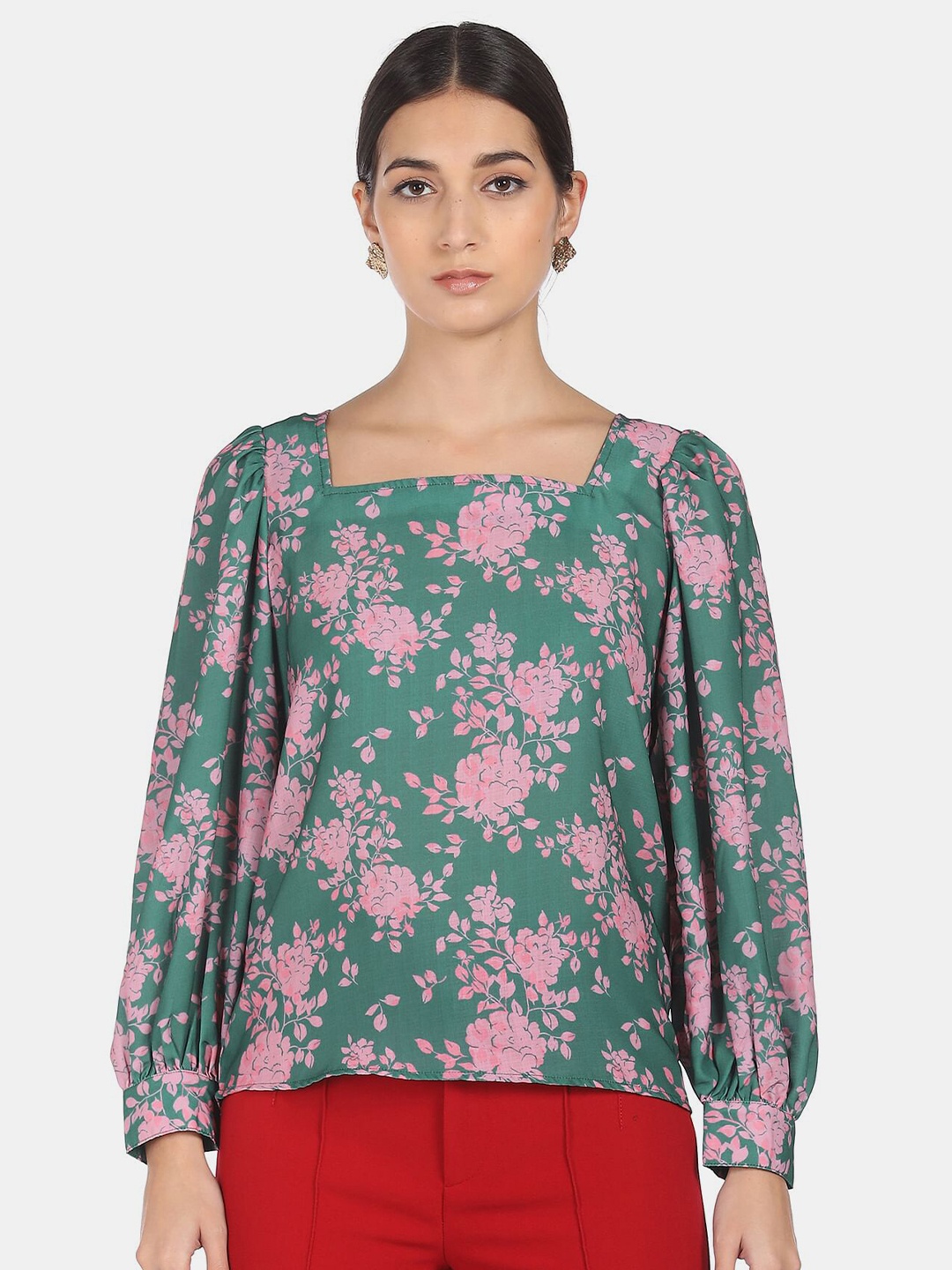 

SHFFL Green Floral Printed Bishop Sleeves Top