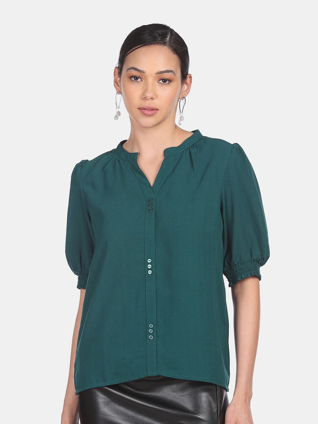 

SHFFL Women Teal Solid Mandarin Collar Shirt Style Top