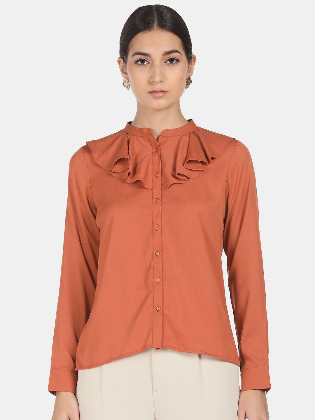 

SHFFL Women Rust Solid Shirt Style Top