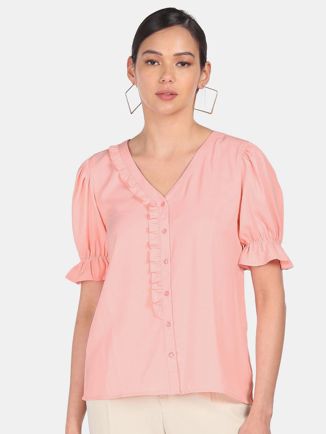 

SHFFL Pink Solid V-Neck Woven Top