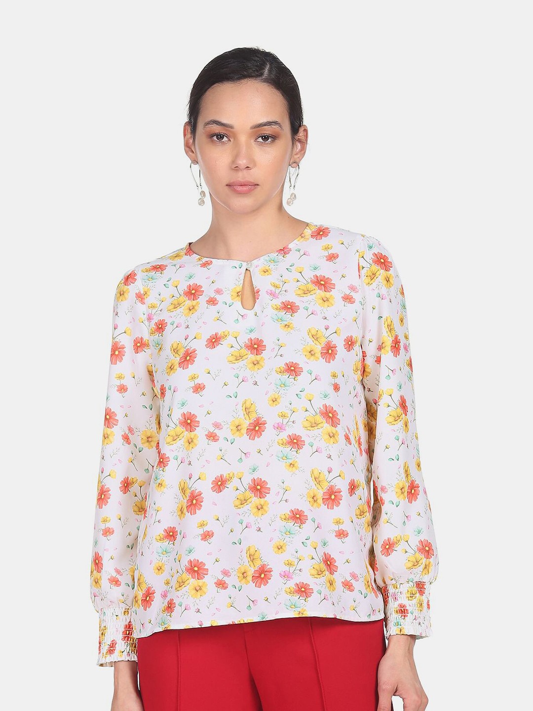 

SHFFL White & Yellow Floral Print Keyhole Neck Top