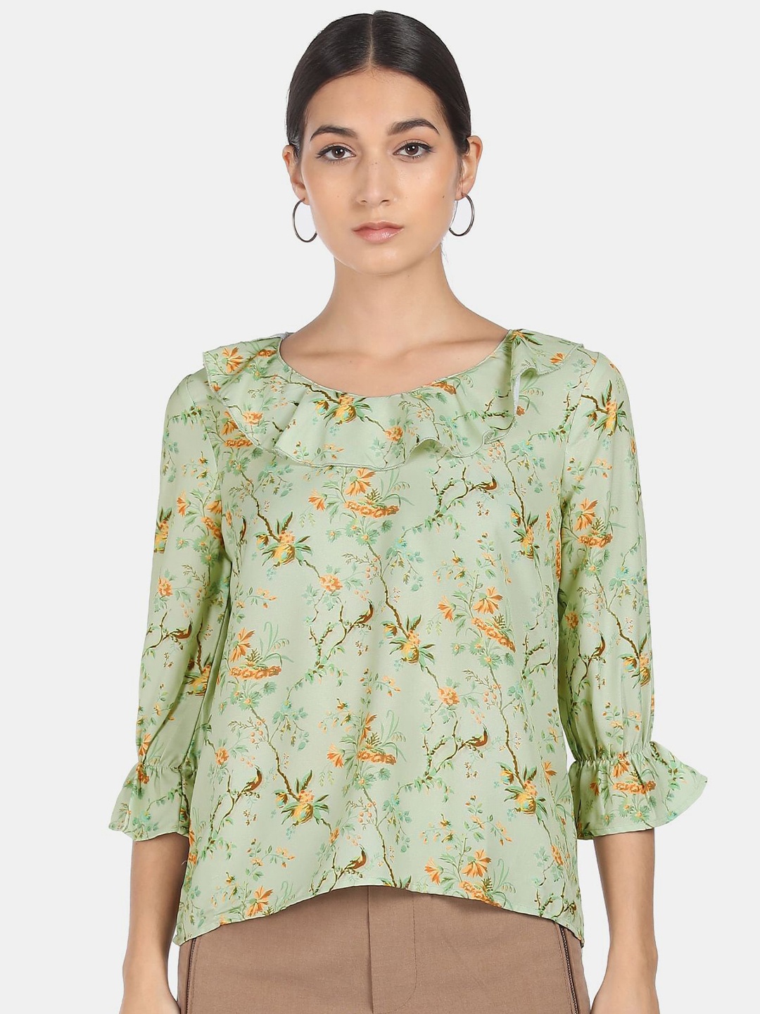 

SHFFL Green & Coral Floral Print Ruffle Top