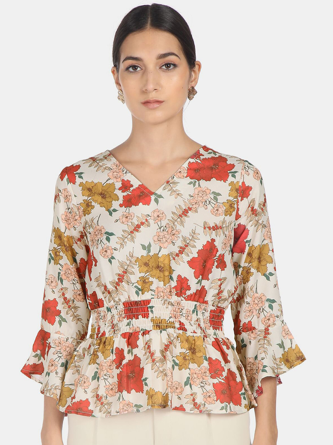 

SHFFL White & Red Floral Print Wrap Top