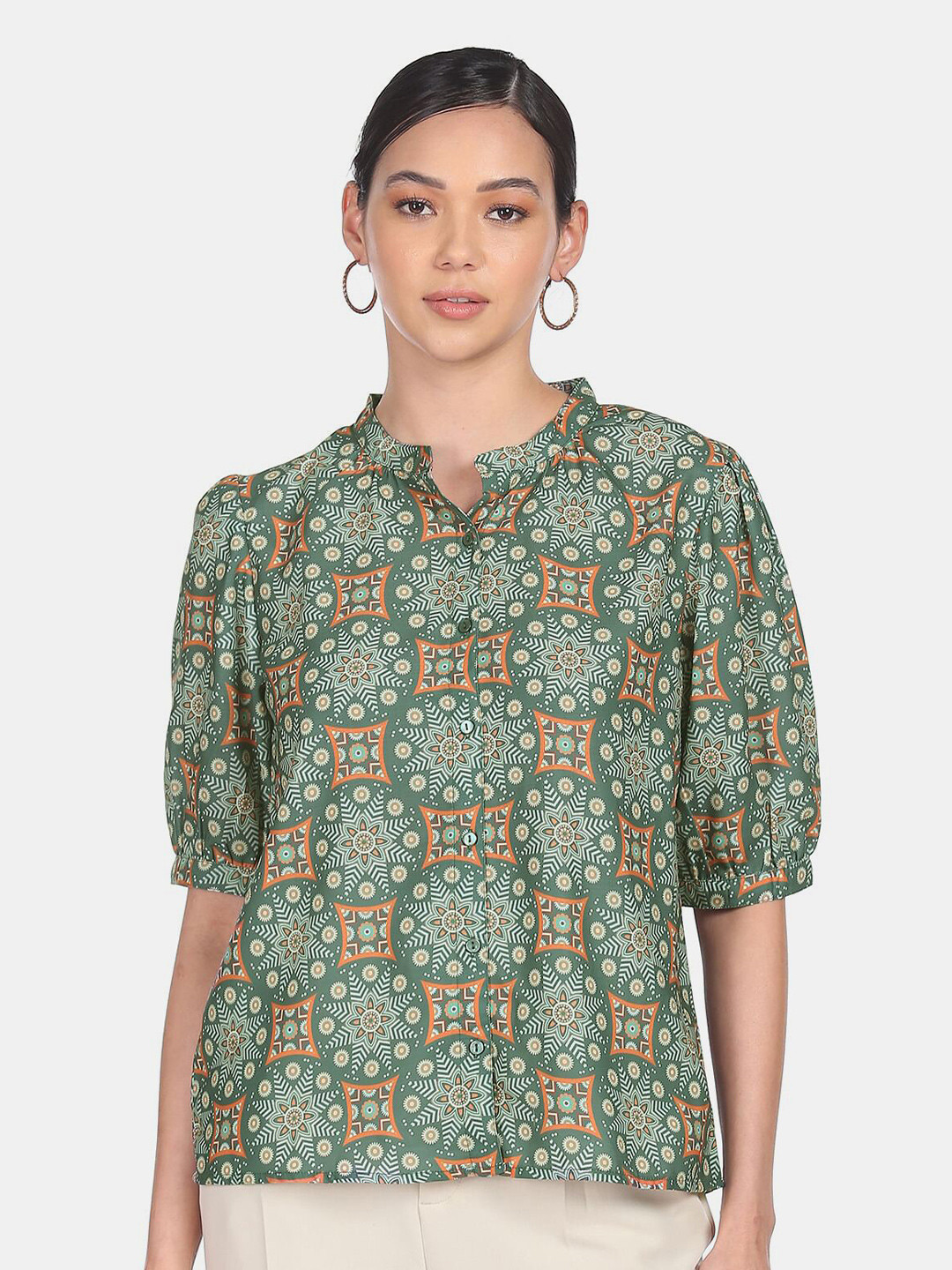 

SHFFL Green Print Mandarin Collar Shirt Style Top