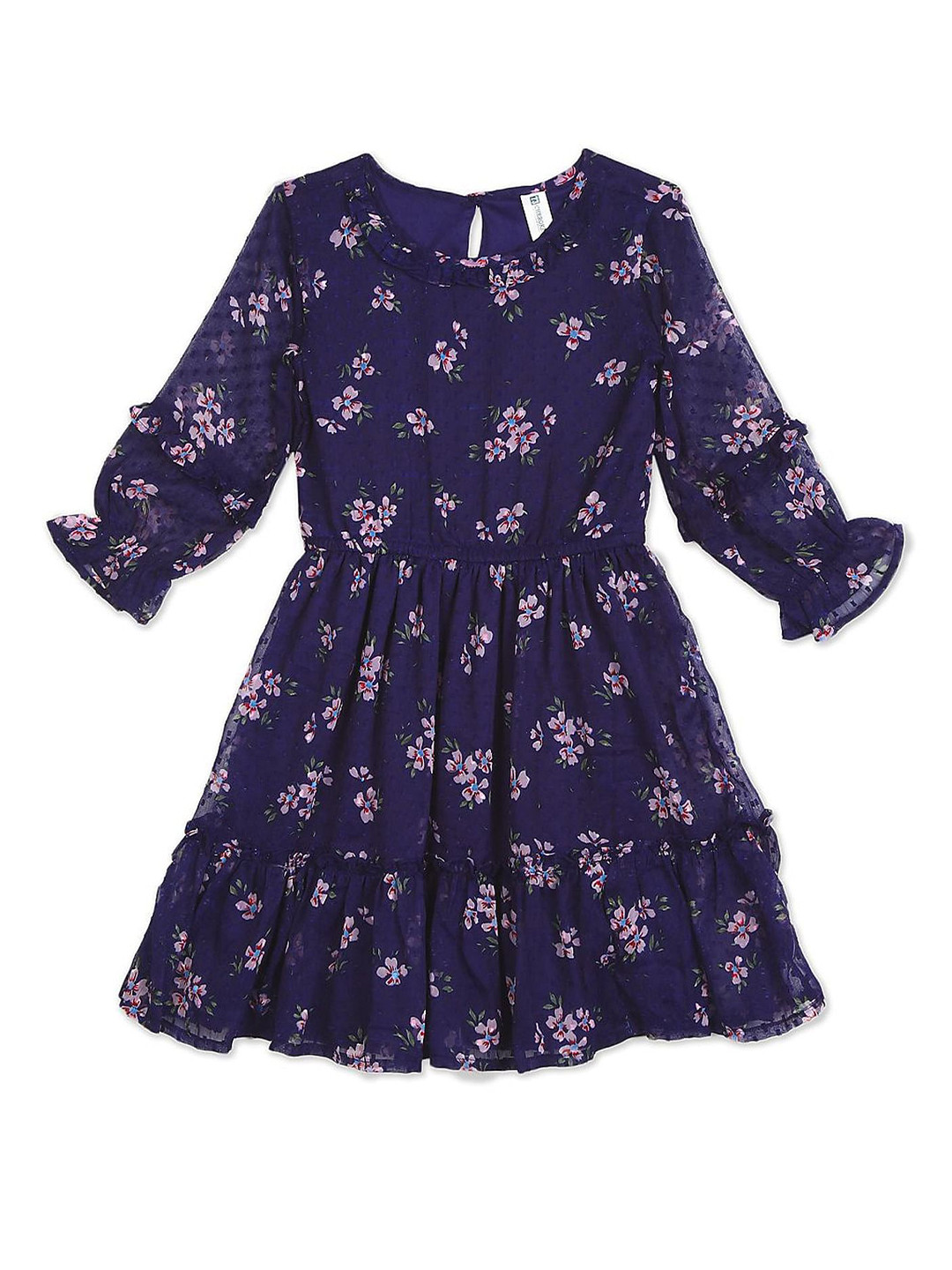 

Cherokee Girls Navy Blue Floral Printed Fit & Flare Winter Dress