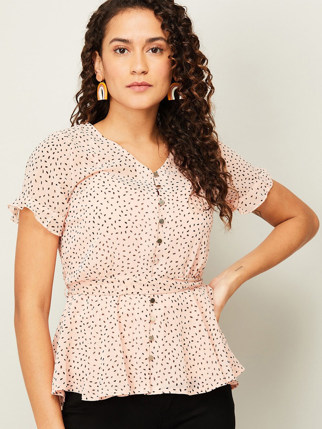 

CODE by Lifestyle Peach-Coloured Print Peplum Top