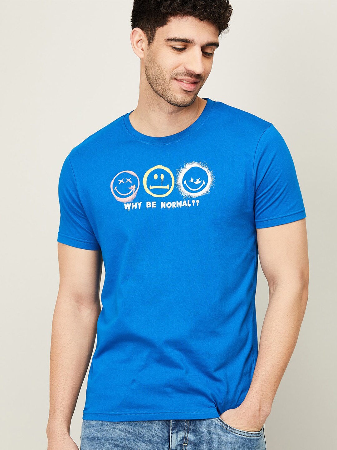 

SmileyWorld Men Blue Printed Cotton T-shirt
