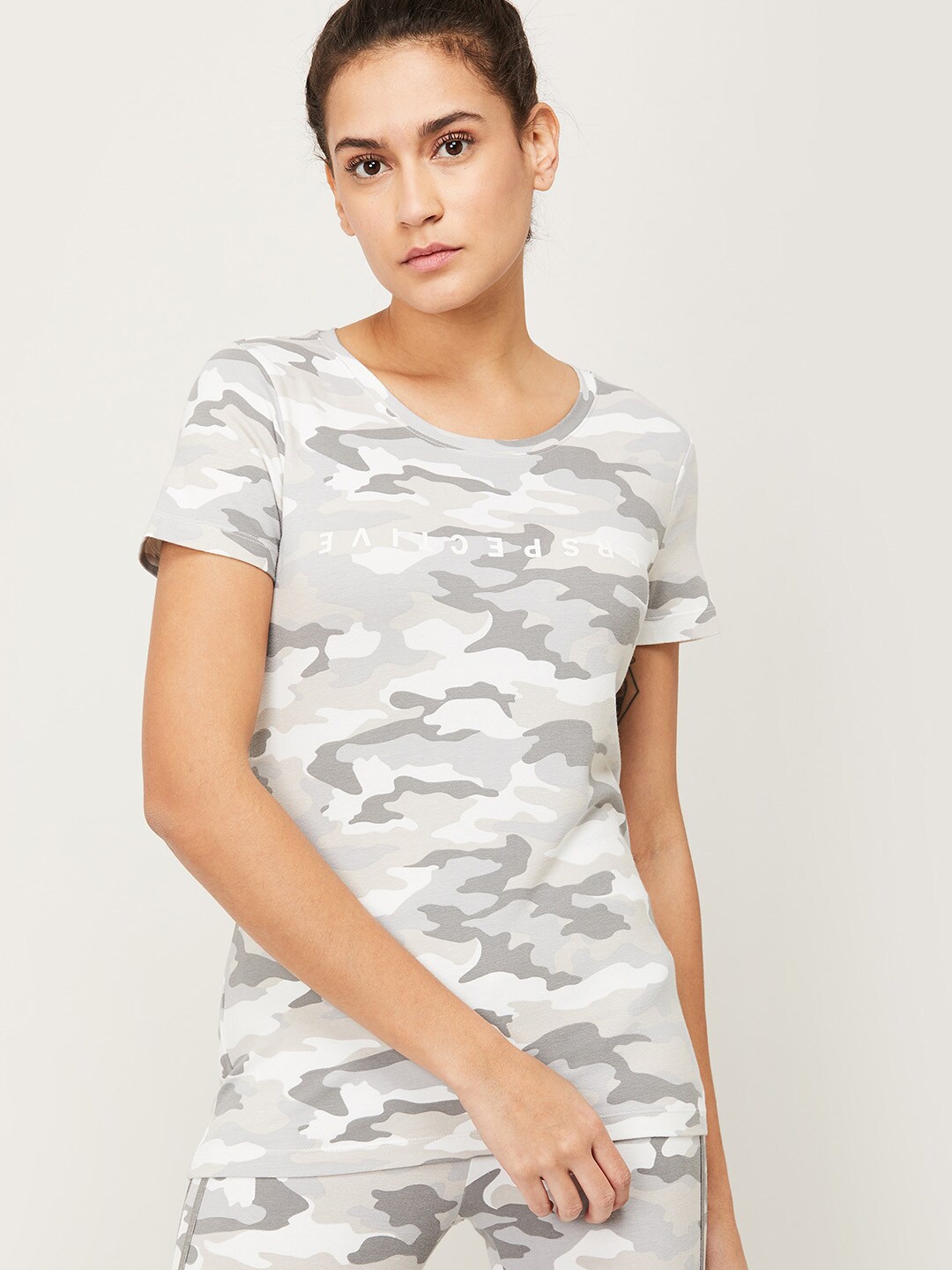 

Kappa Women Grey & White Camouflage Printed T-shirt