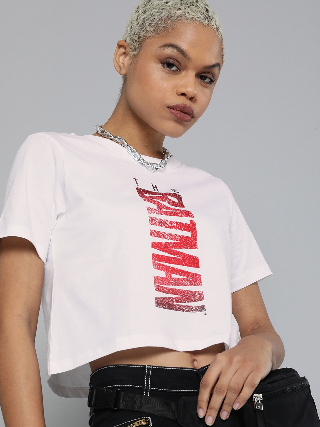 

Kook N Keech Batman Women White Typography Printed Pure Cotton Crop T-shirt