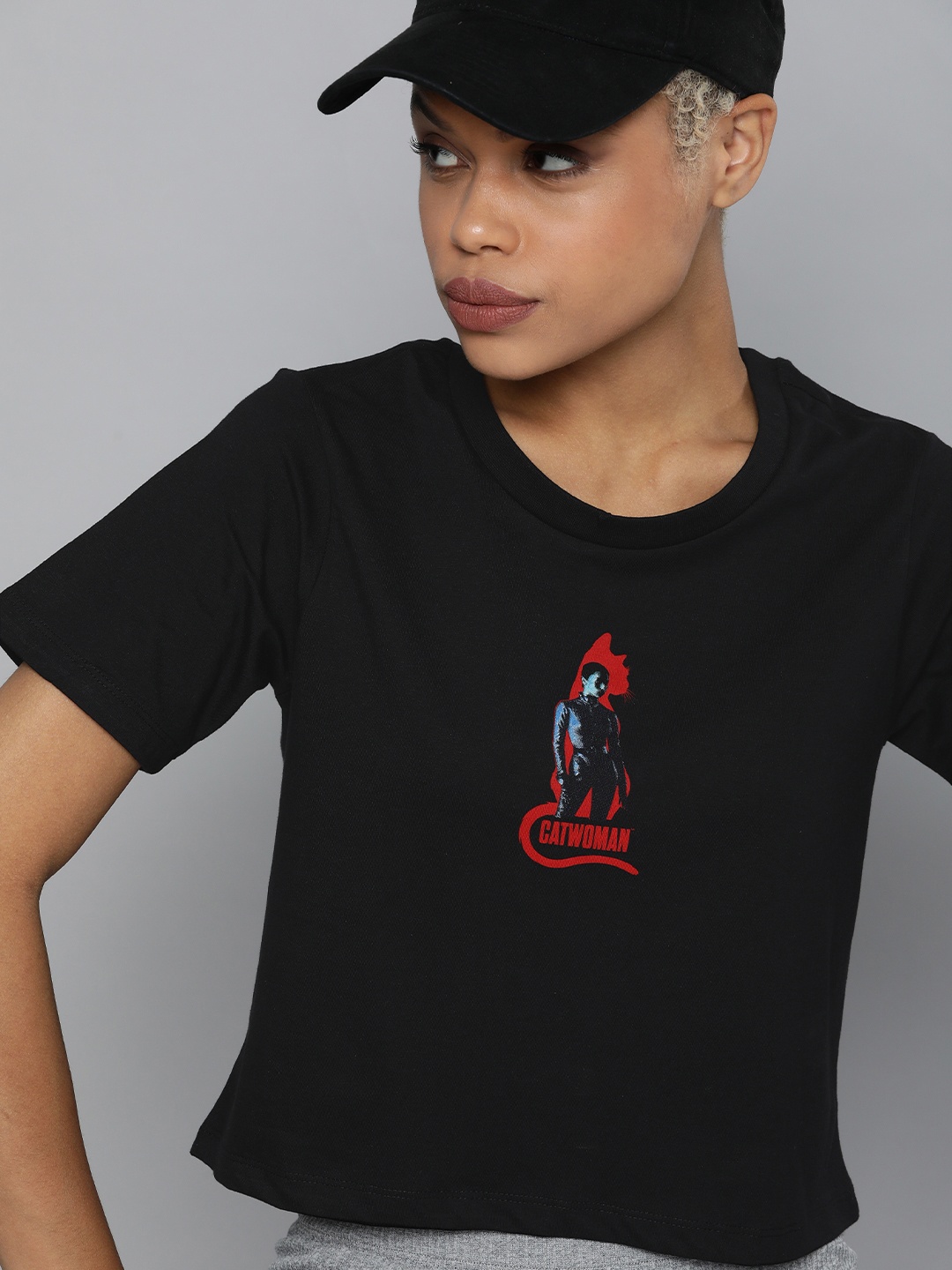 

Kook N Keech Batman Women Black Cat Woman Printed Pure Cotton Crop T-shirt